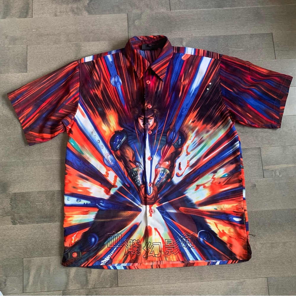Y2K ANIME JAPANESE SWORD WARRIOR ALL OVER PRINT SHIRT SILKY THICK M